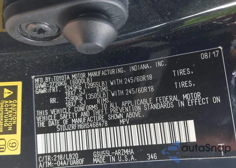 2017 Toyota Highlander Xle z USA, uszkodzony, nr VIN 5TDJZRFH6HS468478